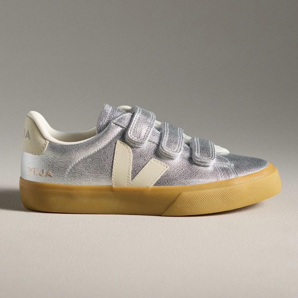 Veja Silver Metallic V-Strap Sneakers with Gum Sole